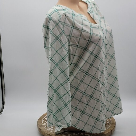 Kim Rogers Green & White Plaid Button-Front Blouse With 3/4 Sleeves - Picture 6 of 15